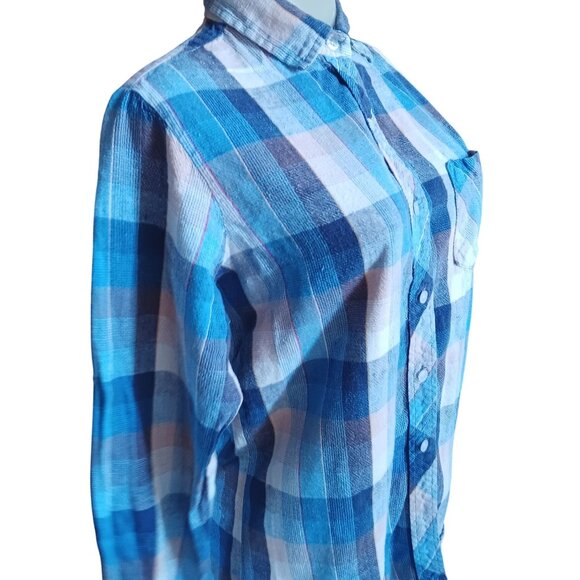 Vintage Women's Flannel Skater Shirt Medium 1970's Sears Blue Plaid Button-Up - Picture 4 of 6
